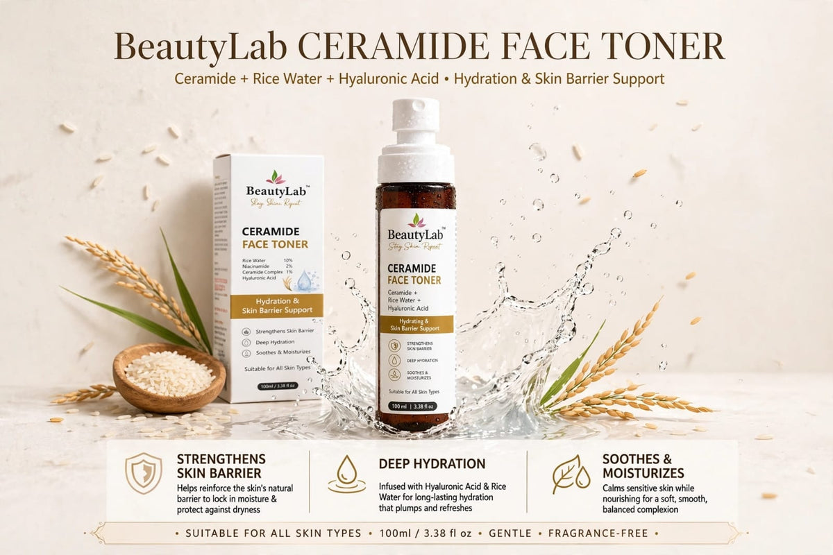 BeautyLab Ceramide Face Toner - Rice Water 10% + Niacinamide 2% + Hyaluronic Acid - Hydrating & Skin Barrier Support Toner - Soothes & Moisturizes - For All Skin Types - 100ml