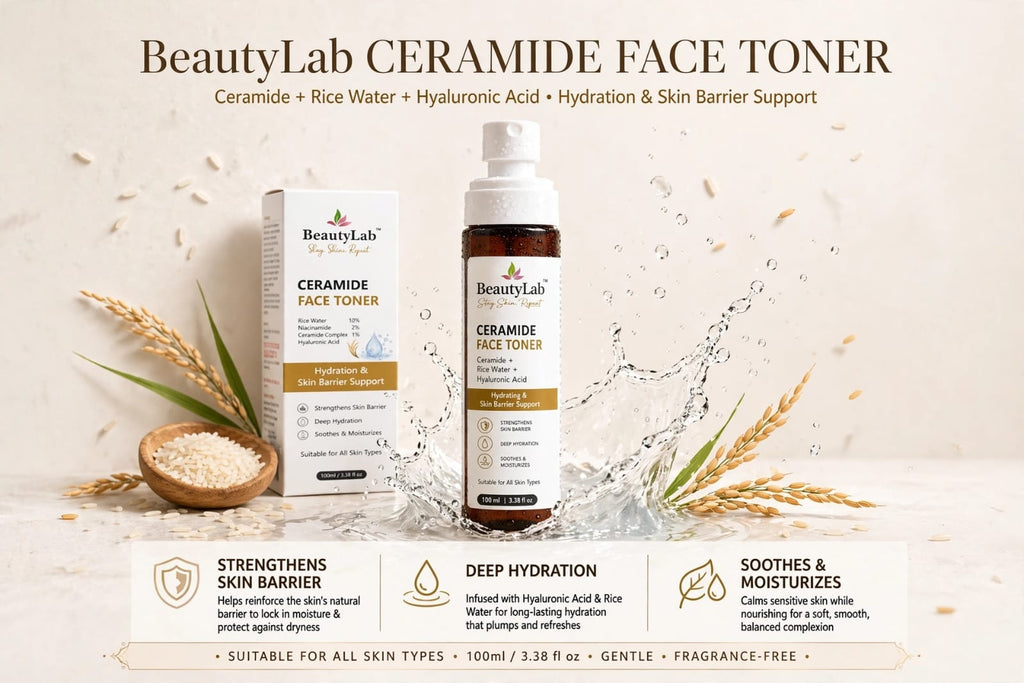 BeautyLab Ceramide Face Toner - Rice Water 10% + Niacinamide 2% + Hyaluronic Acid - Hydrating & Skin Barrier Support Toner - Soothes & Moisturizes - For All Skin Types - 100ml