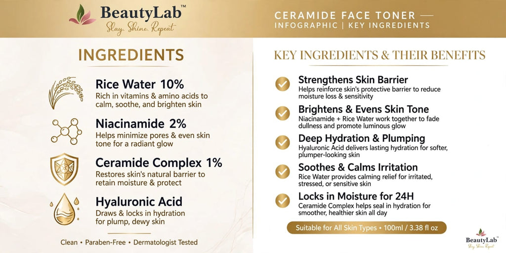 BeautyLab Ceramide Face Toner - Rice Water 10% + Niacinamide 2% + Hyaluronic Acid - Hydrating & Skin Barrier Support Toner - Soothes & Moisturizes - For All Skin Types - 100ml