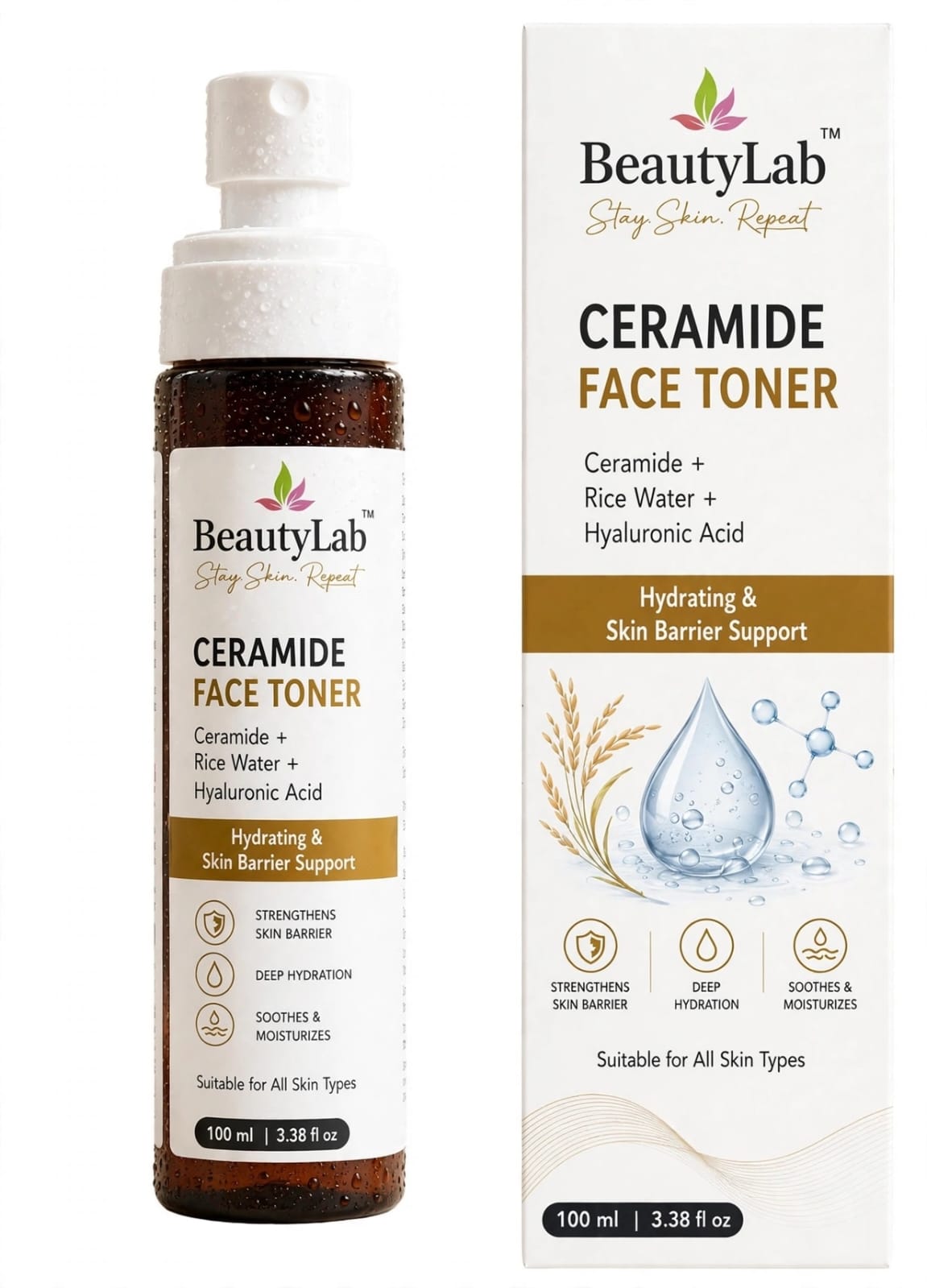BeautyLab Ceramide Face Toner - Rice Water 10% + Niacinamide 2% + Hyaluronic Acid - Hydrating & Skin Barrier Support Toner - Soothes & Moisturizes - For All Skin Types - 100ml